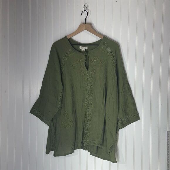 Rachel Zoe 3X Olive Green Embroidered Boho Peasant Tunic Top Blouse Festival - Picture 1 of 7